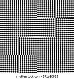 Vector seamless pattern. Chaotic background, design element template with black white squares and rhombuses. Backdrop, texture with optical illusion. Asymmetric random tartan, textile, fabric cloth