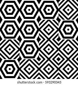Vector seamless pattern. Chaotic background, design template with striped black white rhombuses (squares), hexagons. Backdrop, texture with asymmetry. Asymmetric random swatch of card, cover, web, app