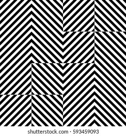 Vector seamless pattern. Chaotic background, design template with striped black white diagonal inclined lines. Backdrop, texture with optical illusion. Asymmetric random tiles of card, cover, print