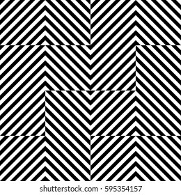Vector seamless pattern. Chaotic background, design template with striped black white diagonal inclined lines. Backdrop, texture with optical illusion. Asymmetric random tiles of card, cover, print