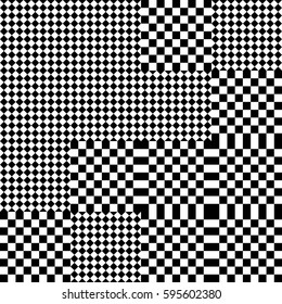 Vector seamless pattern. Chaotic background, design element template with black white squares and rhombuses. Backdrop, texture with optical illusion. Asymmetric random tartan, textile, fabric cloth