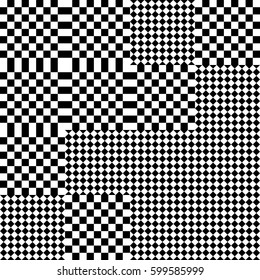 Vector seamless pattern. Chaotic background, design element template with black white squares and rhombuses. Backdrop, texture with optical illusion. Asymmetric random tartan, textile, fabric cloth