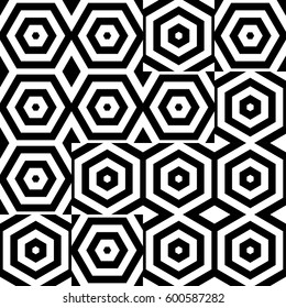 Vector seamless pattern. Chaotic background, figurative design template with striped black white hexagons. Backdrop, texture with random asymmetry. Asymmetric chaos, swatch, card, cover, web, app