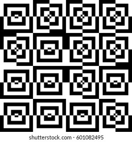 Vector seamless pattern. Chaotic background, design template with striped black white lines and broken square. Backdrop, texture with optical illusion. Asymmetric random tile in op art style.