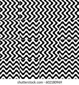 Vector seamless pattern. Chaotic background, design template with striped black white wave curve lines. Backdrop, texture with optical illusion. Asymmetric random tile in op art style.