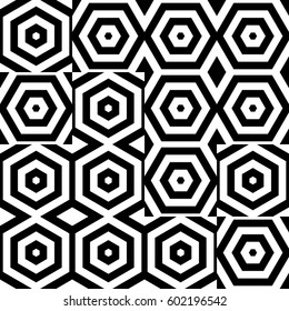 Vector seamless pattern. Chaotic background, figurative design template with striped black white hexagons. Backdrop, texture with random asymmetry. Asymmetric chaos, swatch, card, cover, web, app