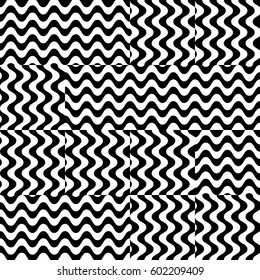 Vector seamless pattern. Chaotic background, design template with striped black white wave curve lines. Backdrop, texture with optical illusion. Asymmetric random tile in op art style.