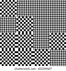 Vector seamless pattern. Chaotic background, design element template with black white squares and rhombuses. Backdrop, texture with optical illusion. Asymmetric random tartan, textile, fabric cloth