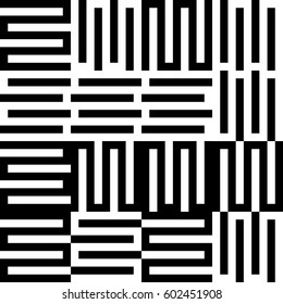 Vector seamless pattern. Chaotic background, modern design template with striped black white lines. Backdrop, texture with mechanical geometry. Asymmetric random industrial tile, lattice, grille.