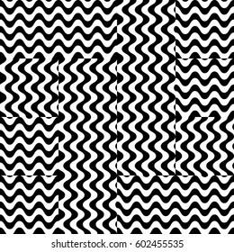 Vector seamless pattern. Chaotic background, design template with striped black white wave curve lines. Backdrop, texture with optical illusion. Asymmetric random tile in op art style.