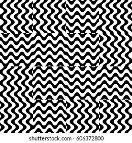 Vector seamless pattern. Chaotic background, design template with striped black white wave curve lines. Backdrop, texture with optical illusion. Asymmetric random tile in op art style.