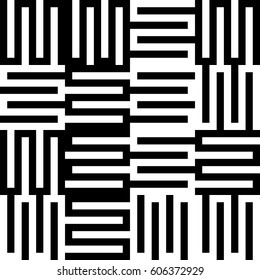 Vector seamless pattern. Chaotic background, modern design template with striped black white lines. Backdrop, texture with mechanical geometry. Asymmetric random industrial tile, lattice, grille.