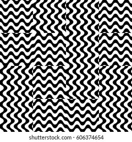 Vector seamless pattern. Chaotic background, design template with striped black white wave curve lines. Backdrop, texture with optical illusion. Asymmetric random tile in op art style.