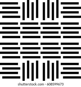Vector seamless pattern. Chaotic background, modern design template with striped black white lines. Backdrop, texture with mechanical geometry. Asymmetric random industrial tile, lattice, grille.
