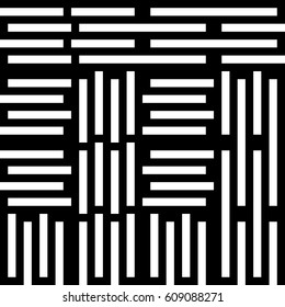 Vector seamless pattern. Chaotic background, modern design template with striped black white lines. Backdrop, texture with mechanical geometry. Asymmetric random industrial tile, lattice, grille.