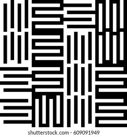 Vector seamless pattern. Chaotic background, modern design template with striped black white lines. Backdrop, texture with mechanical geometry. Asymmetric random industrial tile, lattice, grille.