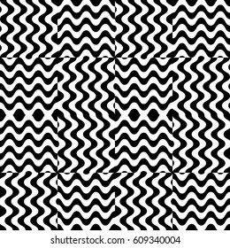 Vector seamless pattern. Chaotic background, design template with striped black white wave curve lines. Backdrop, texture with optical illusion. Asymmetric random tile in op art style.