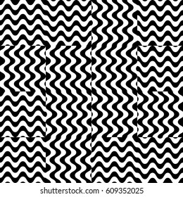 Vector seamless pattern. Chaotic background, design template with striped black white wave curve lines. Backdrop, texture with optical illusion. Asymmetric random tile in op art style.