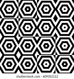 Vector seamless pattern. Chaotic background, figurative design template with striped black white hexagons. Backdrop, texture with random asymmetry. Asymmetric chaos, swatch, card, cover, web, app