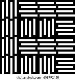 Vector seamless pattern. Chaotic background, modern design template with striped black white lines. Backdrop, texture with mechanical geometry. Asymmetric random industrial tile, lattice, grille.