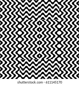 Vector seamless pattern. Chaotic background, design template with striped black white wave curve lines. Backdrop, texture with optical illusion. Asymmetric random tile in op art style.