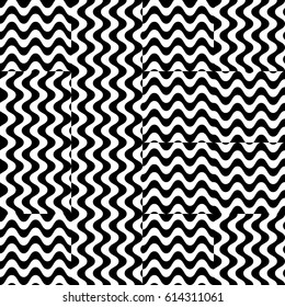 Vector seamless pattern. Chaotic background, design template with striped black white wave curve lines. Backdrop, texture with optical illusion. Asymmetric random tile in op art style.