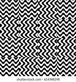 Vector seamless pattern. Chaotic background, design template with striped black white wave curve lines. Backdrop, texture with optical illusion. Asymmetric random tile in op art style.
