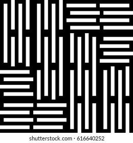 Vector seamless pattern. Chaotic background, modern design template with striped black white lines. Backdrop, texture with mechanical geometry. Asymmetric random industrial tile, lattice, grille.