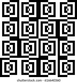 Vector seamless pattern. Chaotic background, design template with striped black white lines and broken square. Backdrop, texture with optical illusion. Asymmetric random tile in op art style.