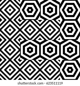 Vector seamless pattern. Chaotic background, design template with striped black white rhombuses (squares), hexagons. Backdrop, texture with asymmetry. Asymmetric random tile of card, cover, web, app