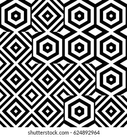 Vector seamless pattern. Chaotic background, design template with striped black white rhombuses (squares), hexagons. Backdrop, texture with asymmetry. Asymmetric random swatch of card, cover, web, app