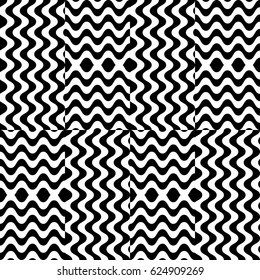 Vector seamless pattern. Chaotic background, design template with striped black white wave curve lines. Backdrop, texture with optical illusion. Asymmetric random tile in op art style.