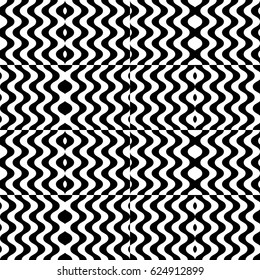 Vector seamless pattern. Chaotic background, design template with striped black white wave curve lines. Backdrop, texture with optical illusion. Asymmetric random tile in op art style.