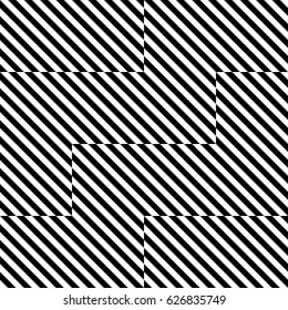 Vector seamless pattern. Chaotic background, design template with striped black white diagonal inclined lines. Backdrop, texture with optical illusion. Asymmetric random tiles of card, cover, print