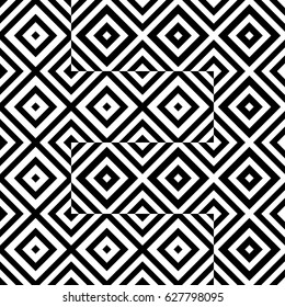 Vector seamless pattern. Chaotic background, design template with striped black white rhombuses (squares), hexagons. Backdrop, texture with asymmetry. Asymmetric random tile of card, cover, web, app