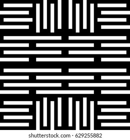 Vector seamless pattern. Chaotic background, modern design template with striped black white lines. Backdrop, texture with mechanical geometry. Asymmetric random industrial tile, lattice, grille.