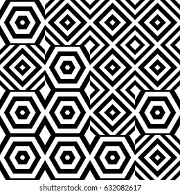 Vector seamless pattern. Chaotic background, design template with striped black white rhombuses (squares), hexagons. Backdrop, texture with asymmetry. Asymmetric random swatch of card, cover, web, app