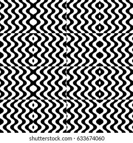 Vector seamless pattern. Chaotic background, design template with striped black white wave curve lines. Backdrop, texture with optical illusion. Asymmetric random tile in op art style.
