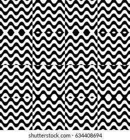 Vector seamless pattern. Chaotic background, design template with striped black white wave curve lines. Backdrop, texture with optical illusion. Asymmetric random tile in op art style.