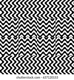 Vector seamless pattern. Chaotic background, design template with striped black white wave curve lines. Backdrop, texture with optical illusion. Asymmetric random tile in op art style.