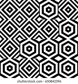 Vector seamless pattern. Chaotic background, design template with striped black white rhombuses (squares), hexagons. Backdrop, texture with asymmetry. Asymmetric random swatch of card, cover, web, app