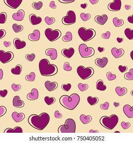 Vector seamless pattern with chaotic hearts in wine and lilac colors. Valentine's day background. EPS10. Can be used for wrapping paper, design of banner, card, cover or print on clothes.