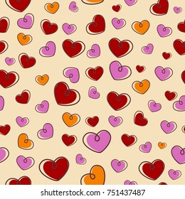 Vector seamless pattern with chaotic hearts in orange, red and lilac colors. Valentine's day background. EPS10. Can be used for wrapping paper, design of banner, card, cover or print on clothes.