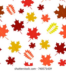 Vector seamless pattern with chaotic maple and ashberry leaves. Autumn background. EPS10. Can be used as print on clothes, wrapping paper, web, design banners.