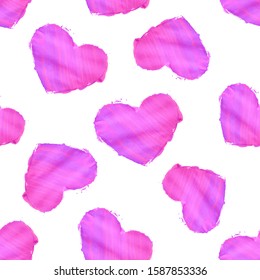 Vector seamless pattern with chaotic realistic pink textured hearts isolated on the white background. Romantic hand drawn wallpaper.