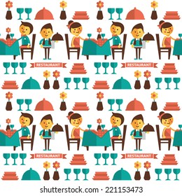 Vector seamless pattern characters have dinner in a restaurant. Couple sitting at table, waiter serving food seamless pattern in flat cartoon style.