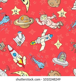 vector seamless pattern with the characters on the space theme red background