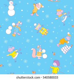 Vector seamless pattern of characters on a winter background. Fox, bear, hedgehog, squirrel, mouse engaged in winter sports. Image for design wrap, postcards, covers, gift packaging
