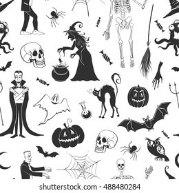 
Vector seamless pattern , characters and symbols Halloween stuff on a white background