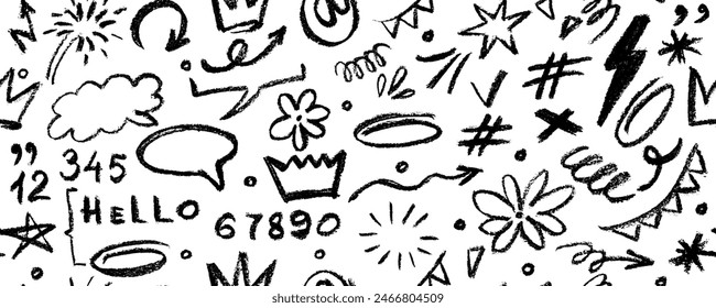 Vector seamless pattern  with charcoal graffiti doodle punk and girly shapes  Hand drawn abstract scribbles and squiggles, creative various shapes, pencil drawn icons. 